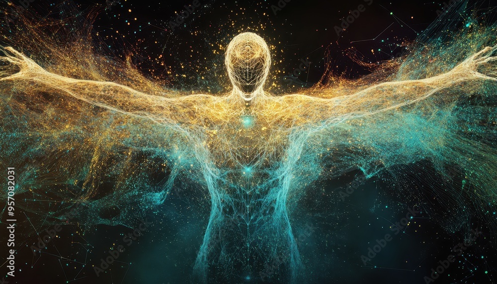 Poster digital creativity manifested: humanoid figure in binary streams and geometric shapes