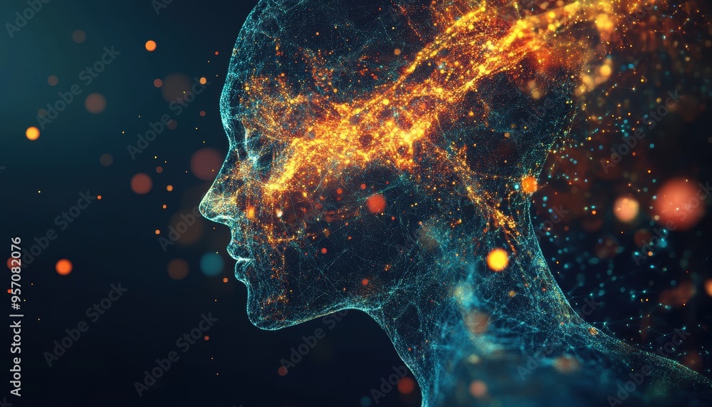 Poster digital creativity manifest - humanoid figure in binary streams and geometric shapes