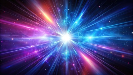 Naklejka premium Vibrant flash of light illuminates a dark, gradient blue and purple background, creating a dramatic and energetic atmosphere with an otherworldly, cosmic feel.