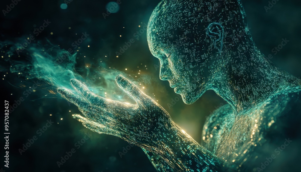 Poster digital creativity manifested: ai-powered humanoid with binary streams