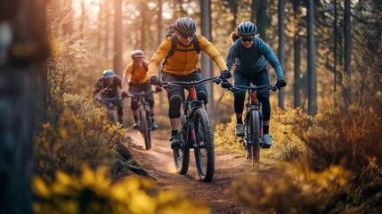 Group of cyclists mountain biking on forest trail. A group of cyclists, wearing helmets and outdoor gear, rides mountain bikes along a forest trail