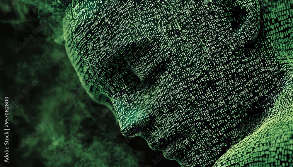 Poster digital surrealism: humanoid figure blending with binary streams