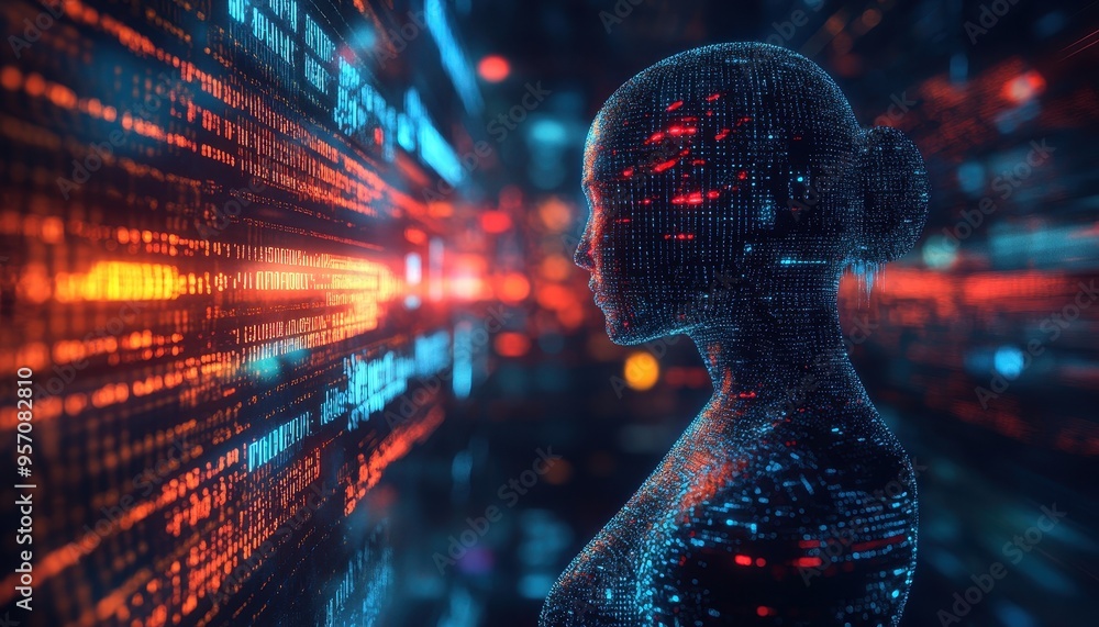 Poster virtual evolution: futuristic humanoid embracing binary code in digital realm