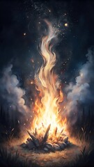 Roaring Campfire at Night with Stars and Smoke in Dark Forest