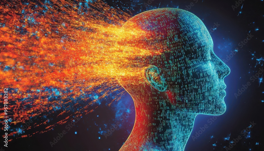 Poster digital mind: conceptual art of humanoid figure with binary streams symbolizing ai consciousness
