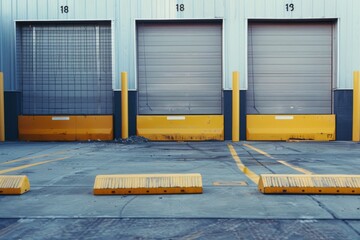 Industrial loading docks with closed rolling doors, marked with yellow safety barriers, under a gray sky.