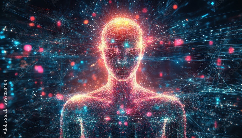 Poster digital creativity unleashed: abstract humanoid formed by glowing binary streams and geometric patte