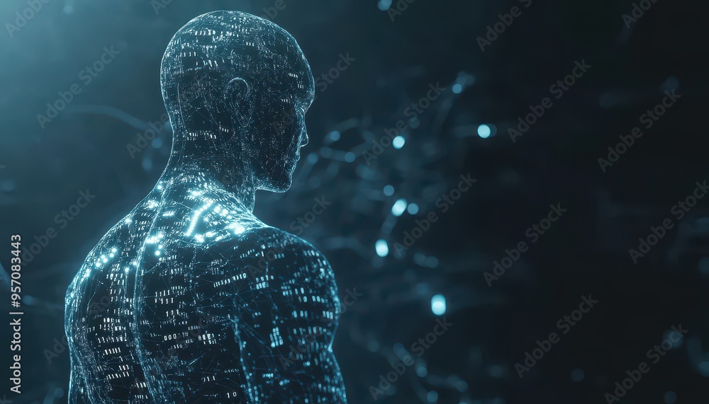 Poster digital future: ai humanoid with transparent body revealing binary code network