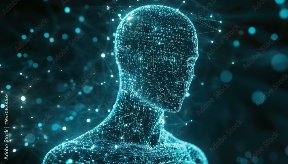 Poster digital futurism - futuristic ai humanoid with transparent body and binary code network flowing with