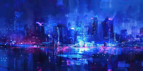 Abstract painting of a city skyline at night, with blues and purples dominating.