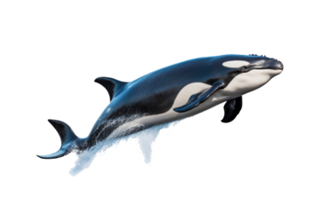 Black and white orca jumping out of water. Suitable for marine life websites, wildlife blogs, ocean themed designs, environmental posters, education materials