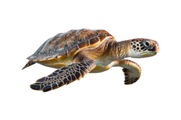 close up of a sea turtle on a white backdrop. Ideal for instructional materials on environmental issues, conservation, and marine life