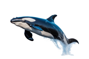 Black and white orca jumping out of water. Suitable for marine life websites, wildlife blogs, ocean themed designs, environmental posters, education materials