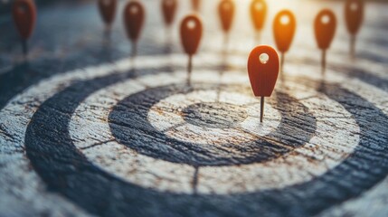 A red pin is stuck in the center of a target