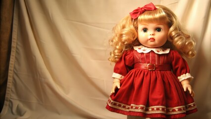 Fototapeta premium Porcelain Doll in Red Dress with Blond Curly Hair