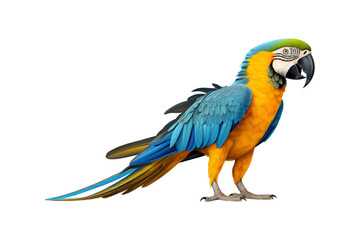 Fototapeta premium Blue and yellow macaw parrots against white background. Suitable for websites, presentations, and educational materials about tropical birds and wildlife
