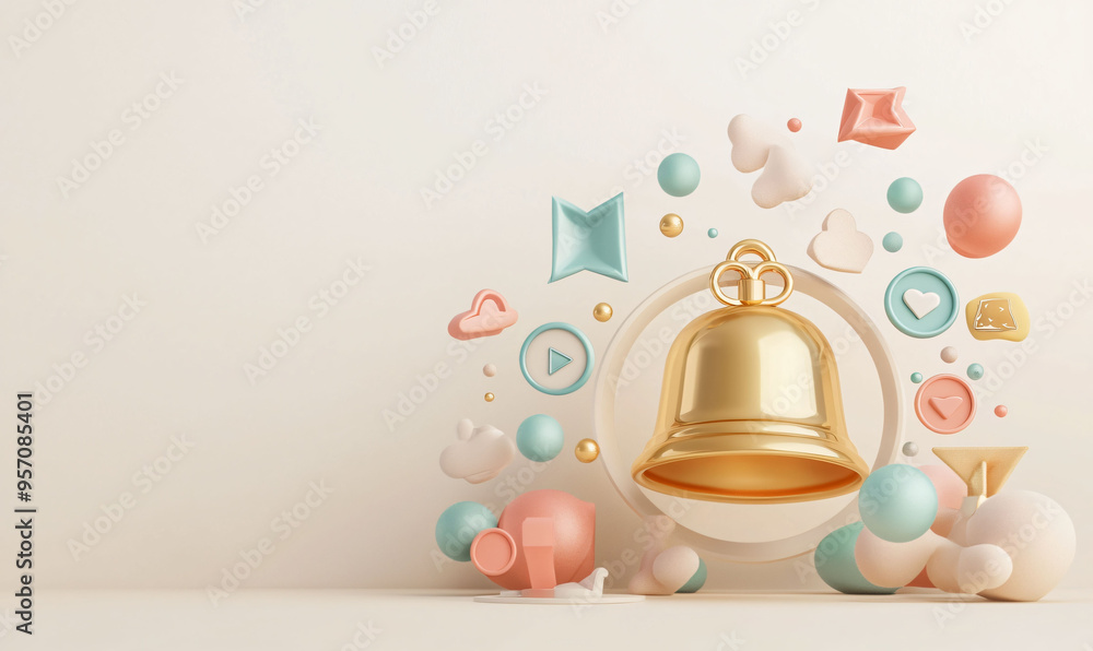 Poster a 3d rendered notification bell surrounded by colorful geometric shapes and playful elements creates