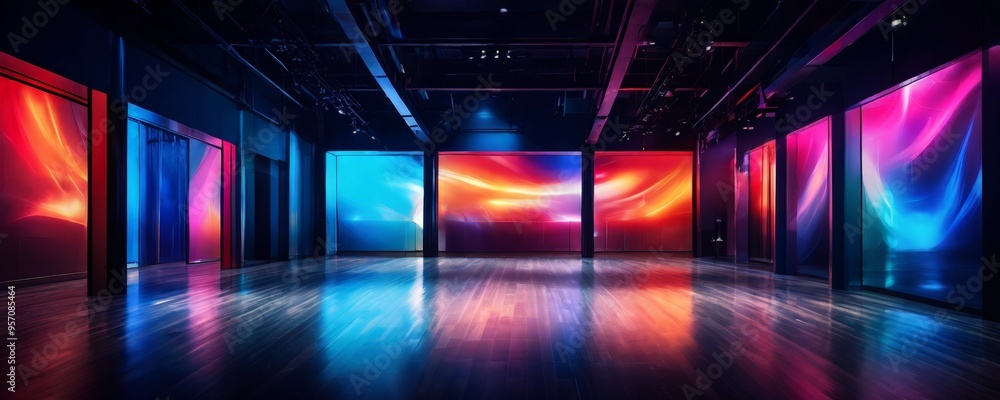 Poster room with multiple colored lights and large screen