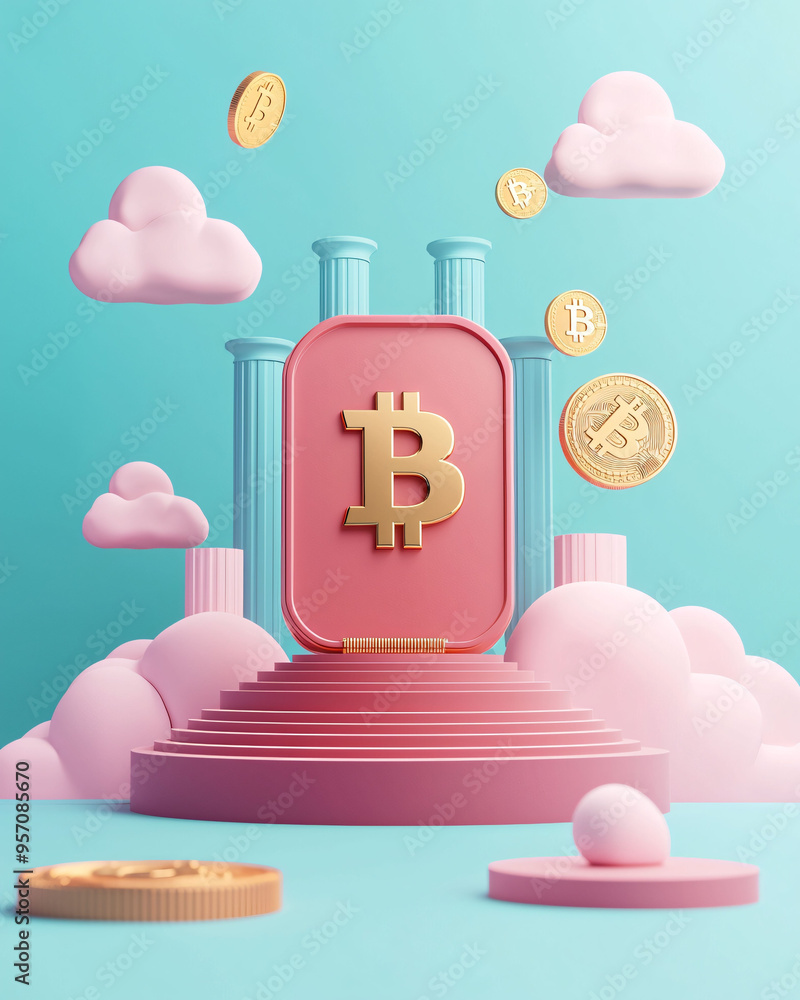Poster a vibrant 3d rendering of virtual currency platform featuring prominent bitcoin symbol, surrounded b