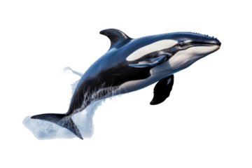 Black and white orca jumping out of water. Suitable for marine life websites, wildlife blogs, ocean themed designs, environmental posters, education materials
