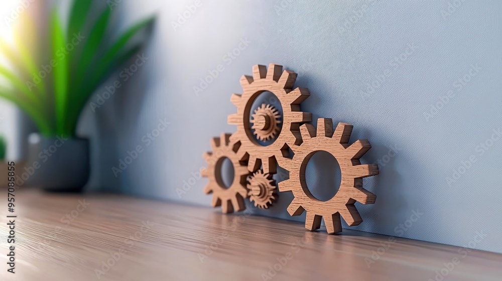 Poster a set of wooden gears arranged on a smooth surface, symbolizing teamwork and mechanics in a modern w