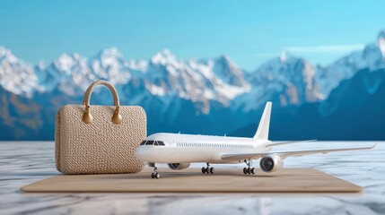 Fototapeta premium A stylish travel scene featuring a model airplane and a designer bag against a breathtaking mountain backdrop.