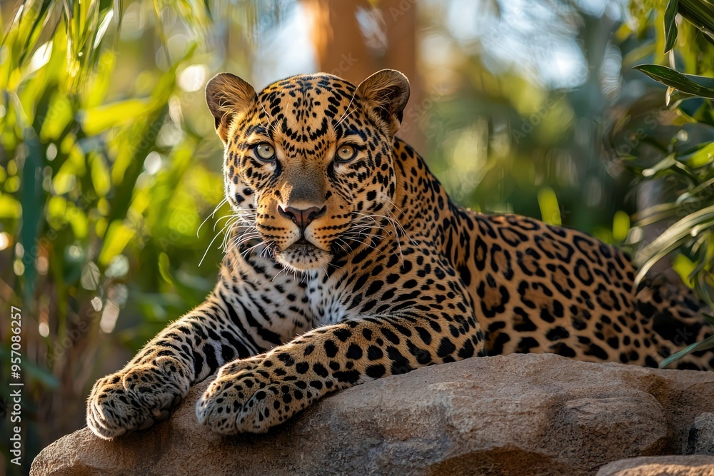 Poster close-up of a leopard resting on a rock with green foliage in the background