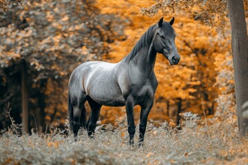 Obraz premium Trakehner mare horse trotting on green meadow on forest background in autumn