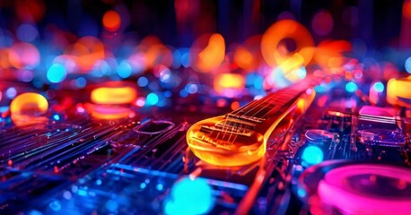Obraz premium close up dj mixer with colorful lights