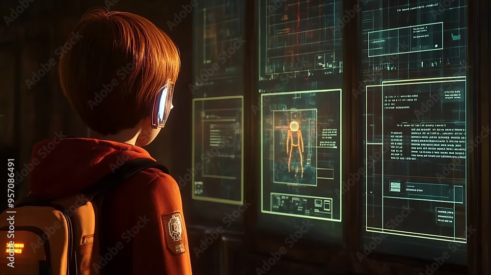 Poster high-tech school with holographic classrooms and advanced interactive learning technologies
