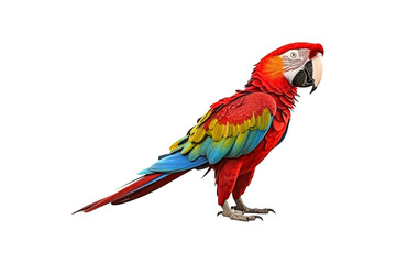 Fototapeta premium Scarlet macaw posing on a white backdrop is perfect for tropical-themed designs, birdwatching articles, wildlife conservation campaigns, or vibrant nature concepts