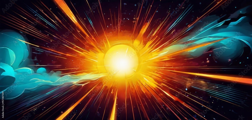 Poster bright explosion with rays and clouds