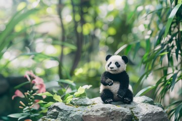 Fototapeta premium A small panda plush toy sits charmingly on a mossy rock, surrounded by lush greenery and soft sunlight filtering through the foliage.