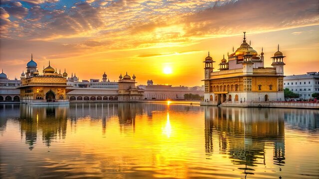 Vibrant golden sunset illuminates the majestic Golden Temple, surrounded by serene reflections in the sacred sarovar, amidst Amritsar's bustling spiritual atmosphere.