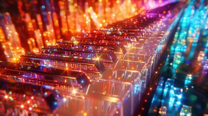 Obraz premium Vibrant Futuristic Neon Abstract Background with Luminous Digital Lights and Electricity Sparks Dazzling Matrix of Colorful Glowing Shapes Patterns and Geometric Designs in a Hypnotic