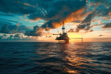 Obraz premium Offshore Oil Rig at Sunset with Dramatic Sky