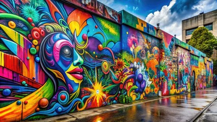 Vibrant graffiti art explodes off a concrete wall, surrounded by dynamic splashes of colorful paint, creating a bold and edgy urban street art scene.