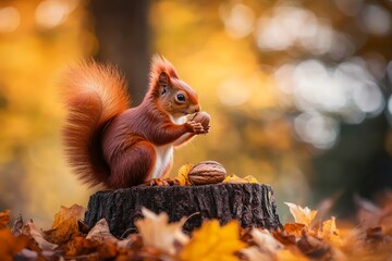 A red squirrel with a fluffy tail sits on a stump covered in colorful leaves while feeding on seeds in a deep forest on a sunny autumn day. It is in a blurred yellow and brown background with a