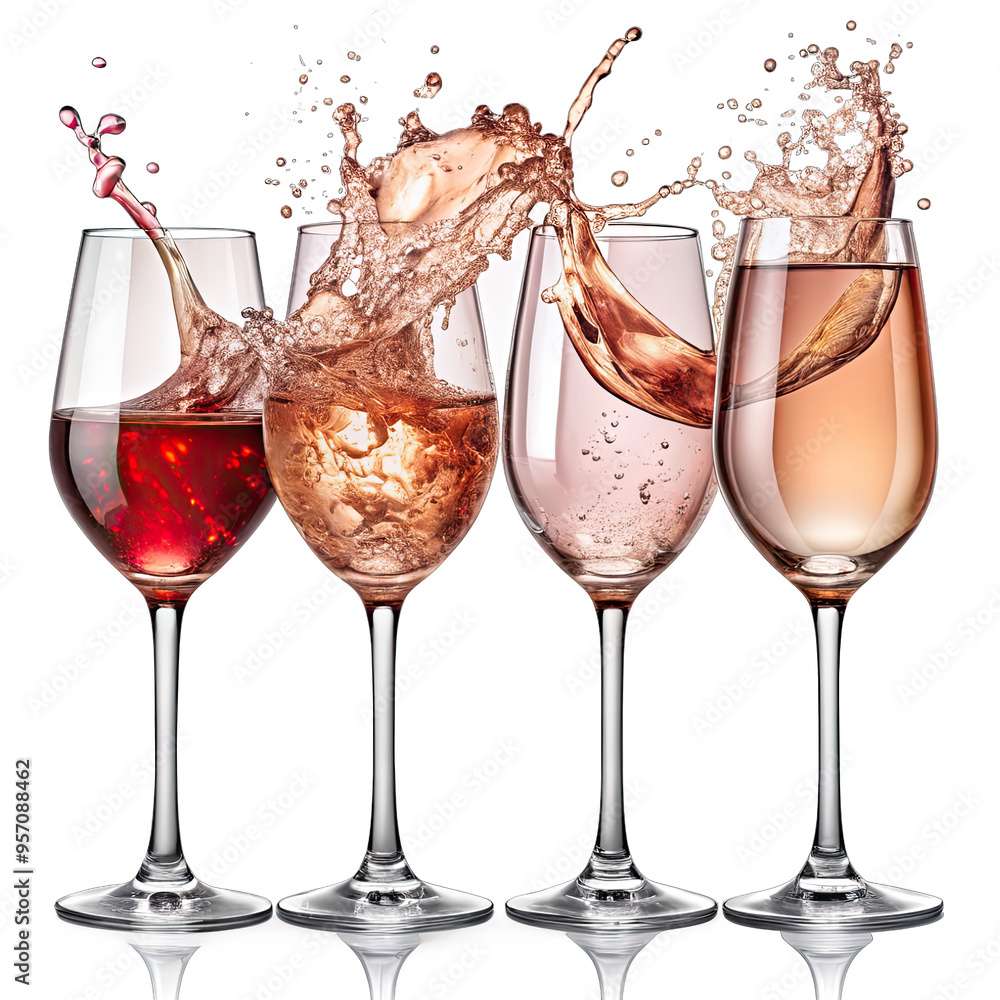Poster four wine glasses filled with red and rose wine, each with splashes of the liquid creating a dynamic