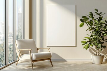 Fototapeta premium Poster Frame in Beige minimalist living room interior created with generative AI