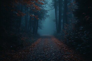 Fototapeta premium This is a beautiful, foggy, autumn forest with a path leading forward. A footpath is enclosed by tall yellow trees.