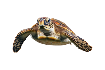 close up of a sea turtle on a white backdrop. Ideal for instructional materials on environmental issues, conservation, and marine life