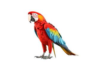 Fototapeta premium Scarlet macaw posing on a white backdrop is perfect for tropical-themed designs, birdwatching articles, wildlife conservation campaigns, or vibrant nature concepts