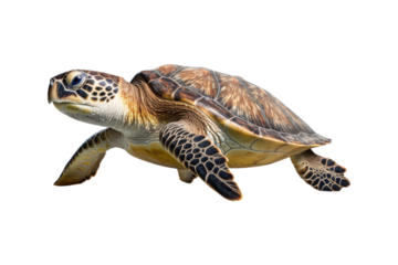close up of a sea turtle on a white backdrop. Ideal for instructional materials on environmental issues, conservation, and marine life