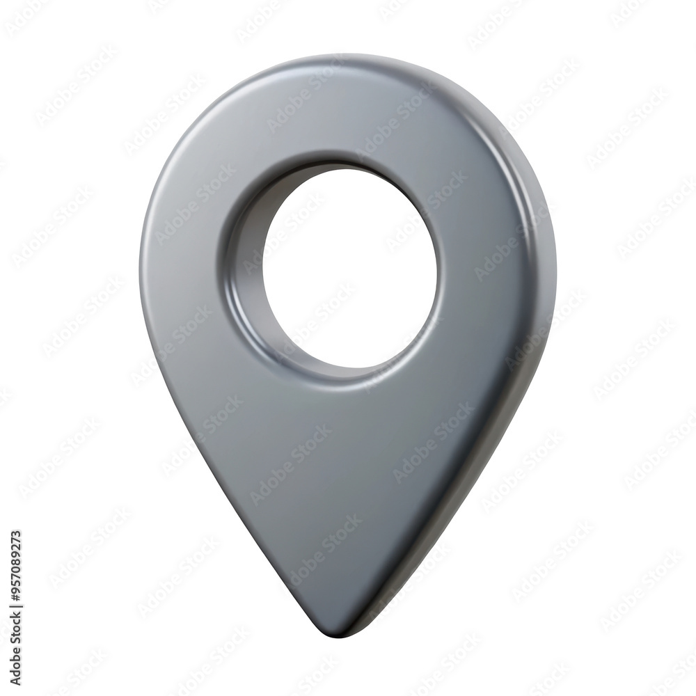 Poster 3d location pin icon in gray, used as a marker for geographic locations in maps and navigation apps.