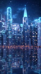 Fototapeta premium A futuristic city skyline at night with glowing buildings and reflections in water, creating a vibrant and dynamic urban atmosphere.