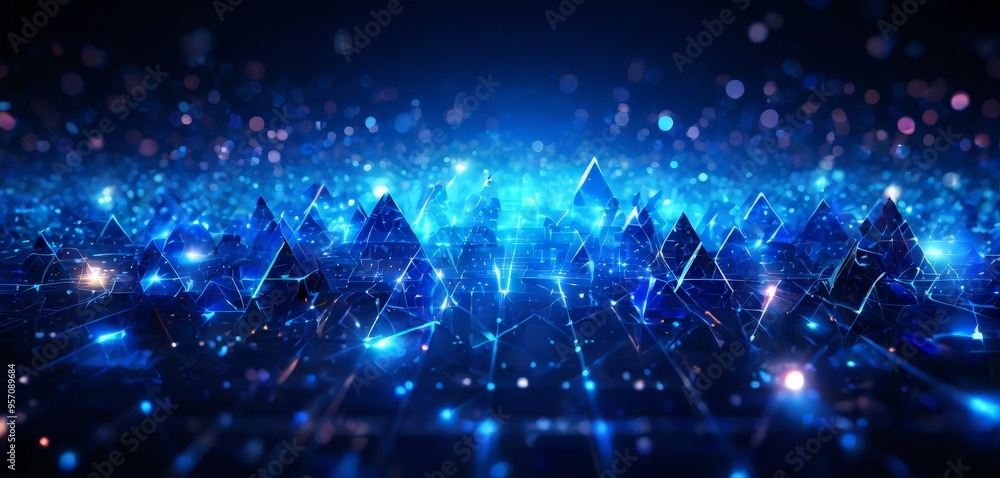 Poster abstract futuristic background with glowing lights and triangles