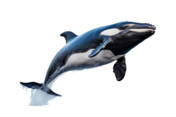 Black and white orca jumping out of water. Suitable for marine life websites, wildlife blogs, ocean themed designs, environmental posters, education materials