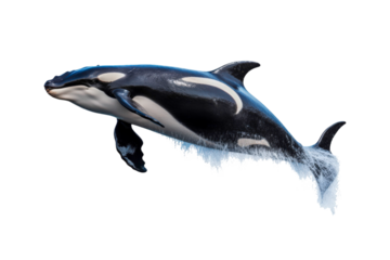 Black and white orca jumping out of water. Suitable for marine life websites, wildlife blogs, ocean themed designs, environmental posters, education materials