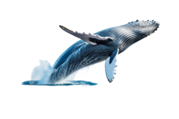 A whale jumps from the water, splashing water. Suitable for marine conservation, marine life education, holiday promotions, and wildlife documentaries